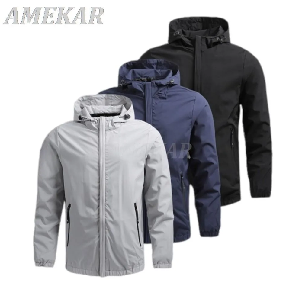 

Men's Fashion New Solid Waterproof Jacket Running Windproof Casual Hooded Coat Male High Quality Sports Outdoor Zipper Jackets