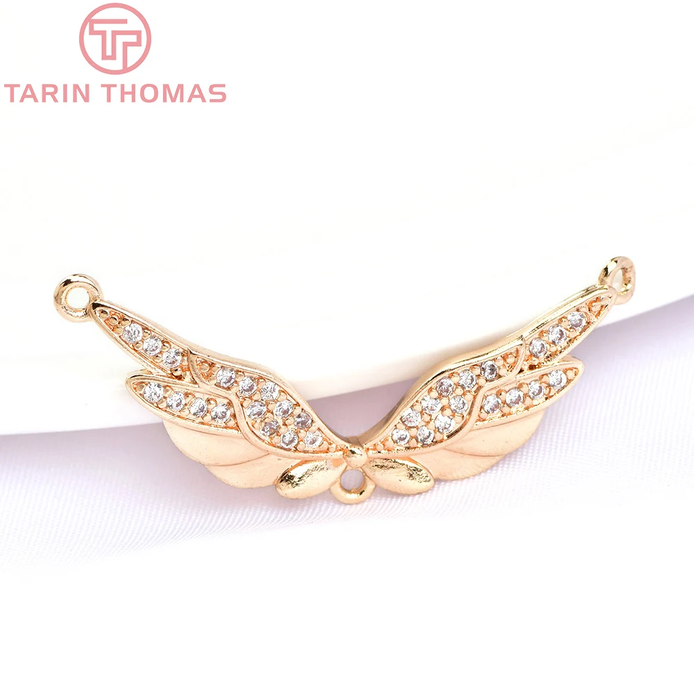 

(6154) 6PCS 31.5x13MM 24K Gold Color Brass with Zircon Wing Shaped Charms Pendants High Quality DIY Jewelry Making Findings