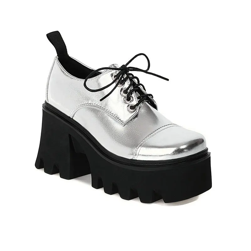 Lolita Princess Platform Women's Chunky Shoes Brand Designer Patent Leather Female Shoes Lace up Deep Mouth Block Shoes 35-43