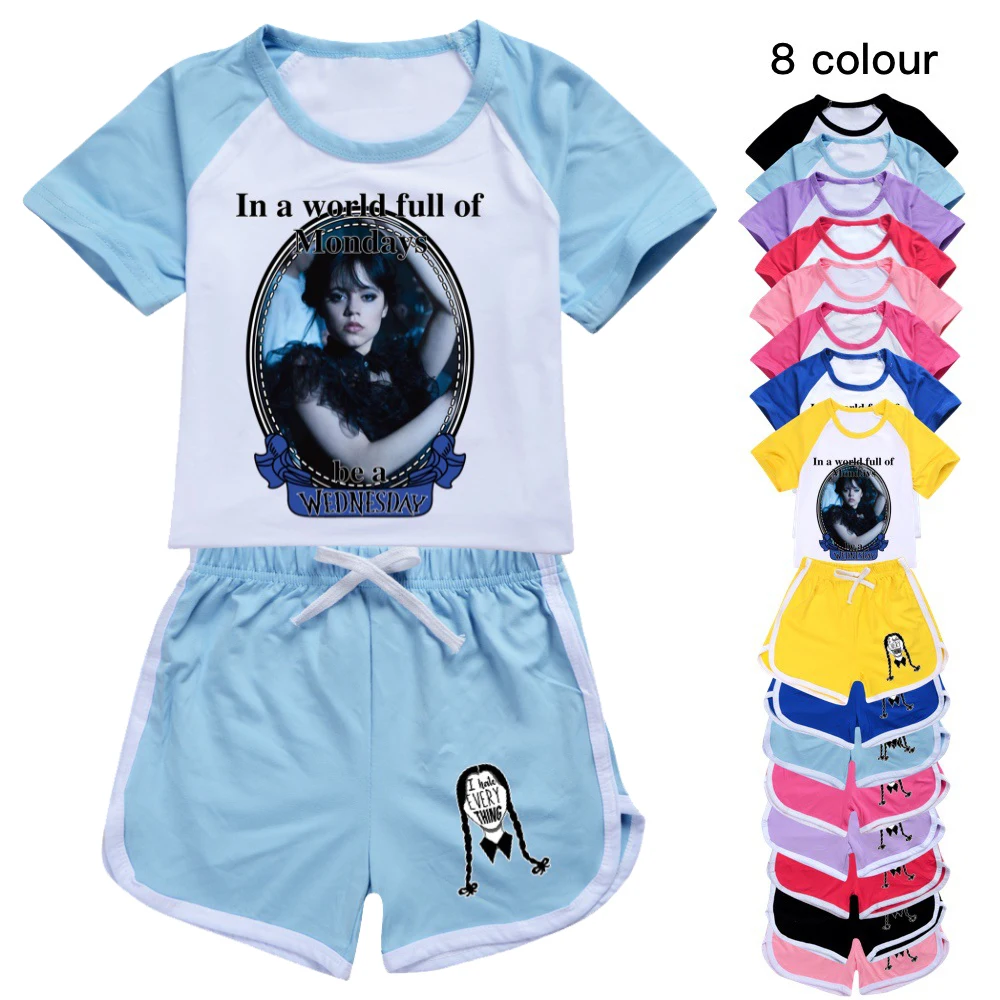

Casual Wednesday Addams Family Kids Clothes Baby Boy T-shirts Suits Summer Kids Toddler Girls Sports Cotton Clothing Shirts Sets