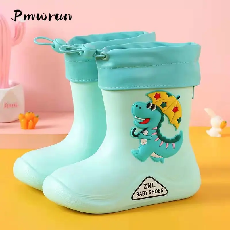 Kids Cartoon Rain Boots Winter Plush Warm Eva Lightweight Anti Slip Waterproof Elastic Children Boy Girl Water Shoes 2023