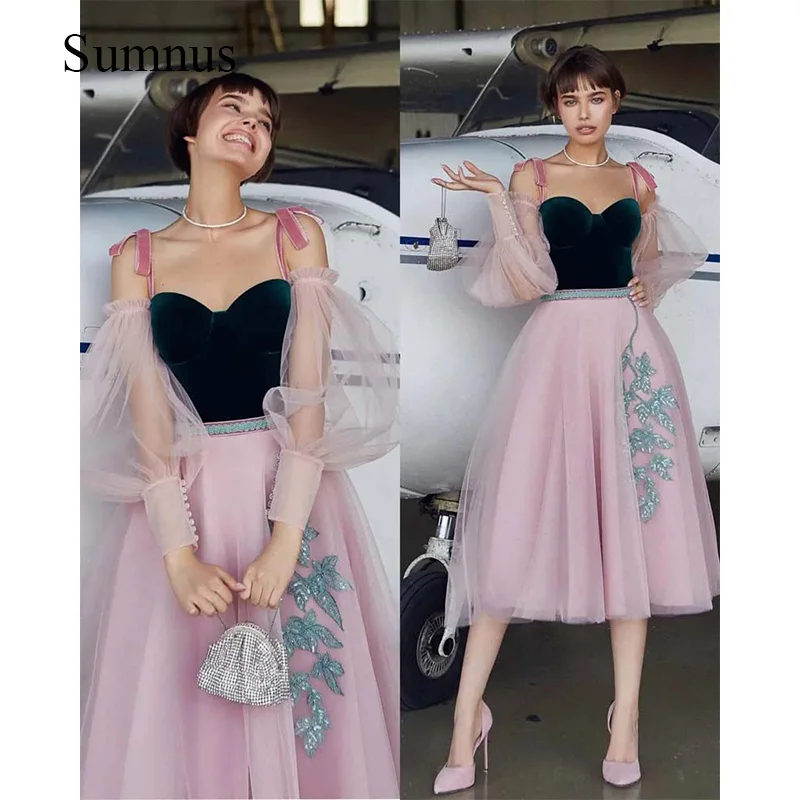 

Cute Sweetheart Midi Evening Dress Velvet Bodice Flower Appliques Prom Gown Bow Straps Formal Sweetheart Girl Graduation Dresses