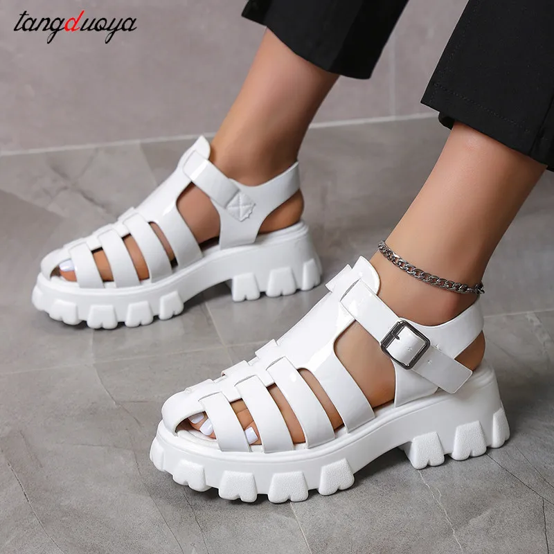 

white red sandals Cutout Ladies Sandals Round Toe Platform Shoes Summer Women's Ankle Strap Casual Platform Flats Zapatos Mujer