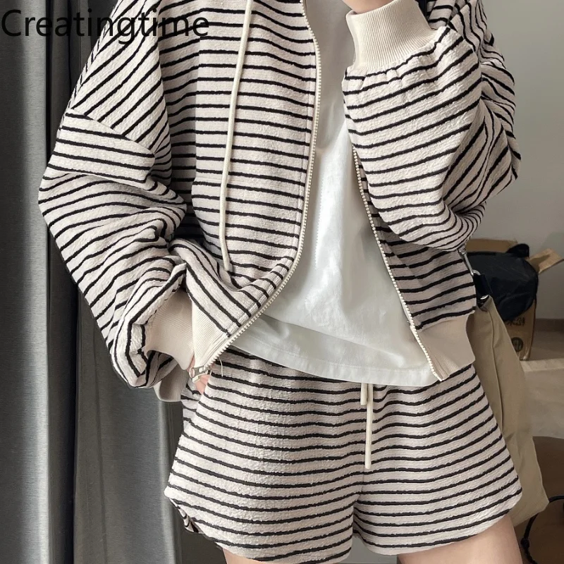 

Creatimgtime 2022 Весенние Новые корейские модные женские спортивные полосатые Свободные повседневные шорты трапециевидной формы с высокой талие...