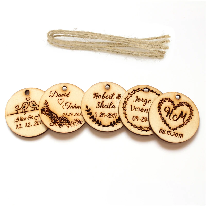 

50pcs Personalized Engraved Rustic Christening Wooden Wine Charm Custom Bride Baptism Wood Label Wedding Round Favors Gifts Tags