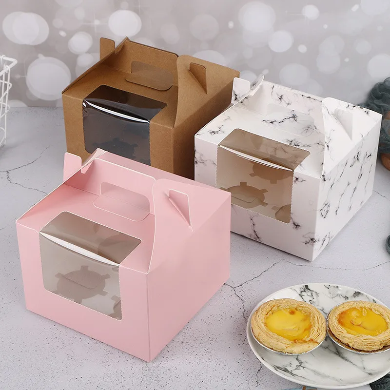 

20pcslot Cupcake Muffin Boxes Marbling Pink Cardboard Kraft Paper Portable Cake Packaging Macaroon Bags with Clear PVC Window