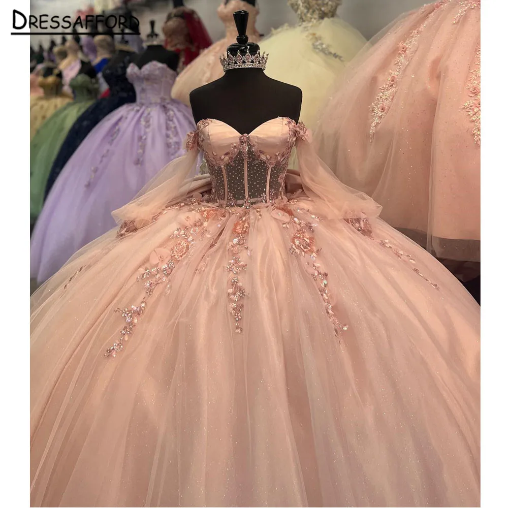 

Розовое платье принцессы, бальное платье с открытыми плечами, кружевной корсет с аппликацией, милое бальное платье на день рождения 16-17, Vestidos De 15