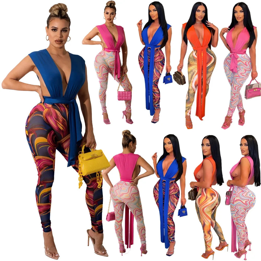 

Fashion Sexy Outfit V-neck Bandage Strapless Top and Floral Pant Sets Ladies Sexy 2 Piece Sets Clubwear