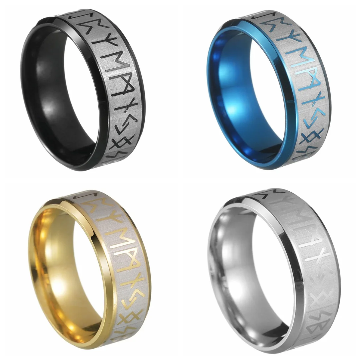 

AsJerlya 2023 Men Ring Stainless Steel Fashion Style MEN Double Letter Rune Words Odin Norse Viking Amulet RETRO Rings Jewelry