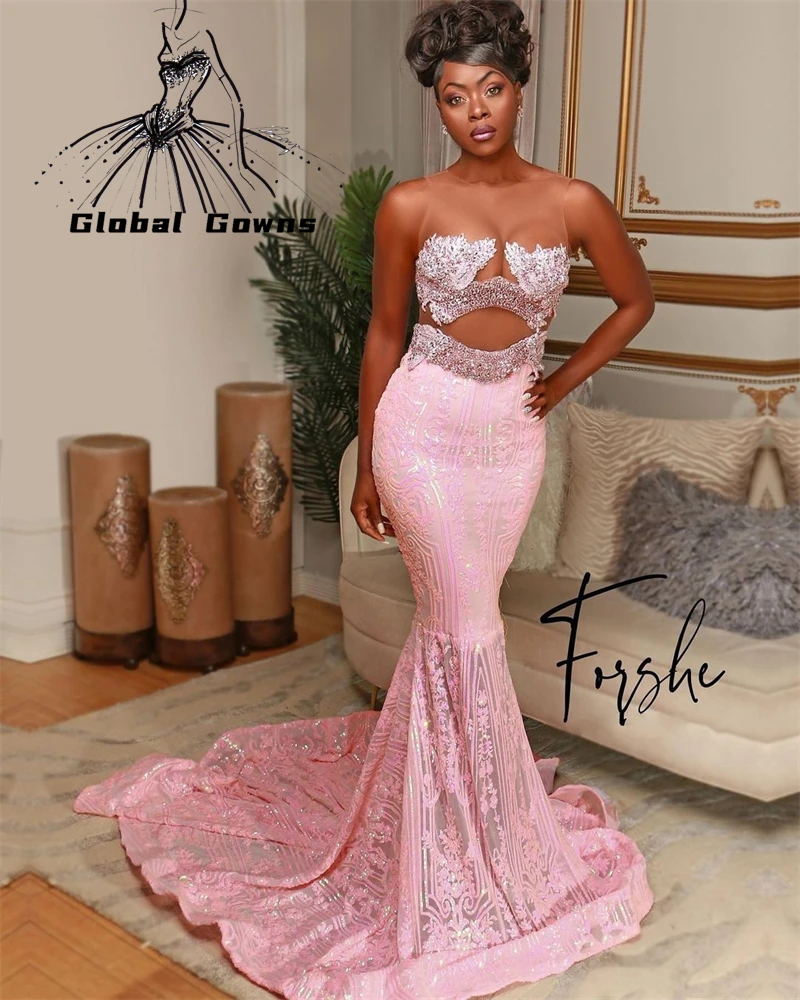 

Pink O Neck Long Prom Dress 2022 For Black Girls Appliques Evening Gowns Beaded Celebrity Dresses Mermaid Robe De Bal