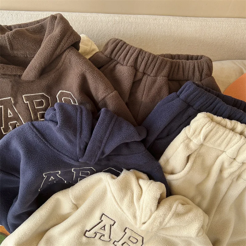 

2023 Winter Girls Boys Alphabet Hoodie+Sweat Pant Tracksuit 2-Piece Outfits Plush Casual Children's Clothing Unisex