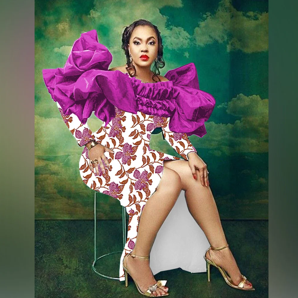 

Женское платье с открытыми плечами, сексуальное платье с открытой спиной и цветочным принтом, с оборками, с длинным рукавом, облегающее винтажное официальное бальное платье, африканские вечерние платья