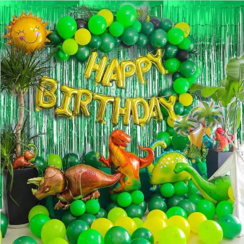 

97pcs Dinosaur Birthday Party Decoration Balloons Happy Birthday Balloons foil Curtains dino Themed Party Favor Green