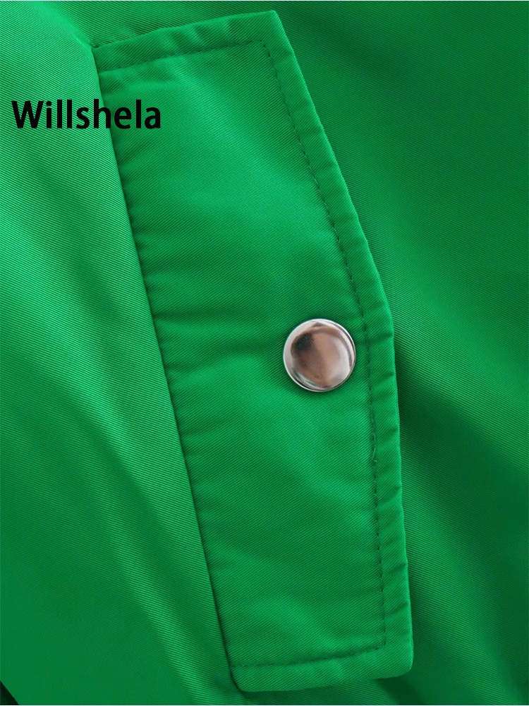 Willshela Women Fashion Oversized Bomber Jackets Coat With Pockets Front Zipper Vintage O-Neck Long Sleeves Female Chic Outwears