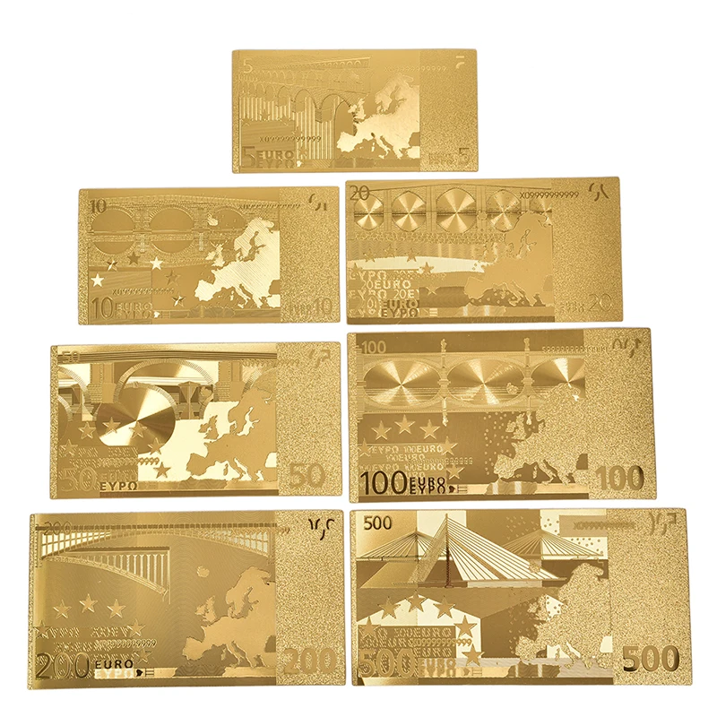 7Pcs/Set Euro Banknote Gold Foil Paper Money Crafts Collection Bank Diy Currency