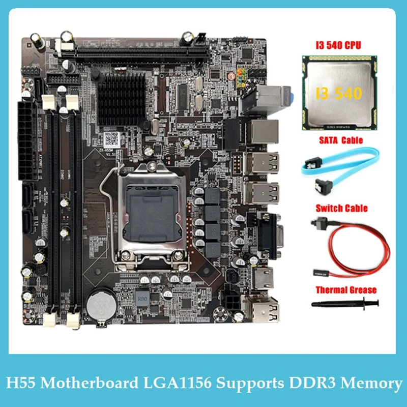 

Материнская плата H55 LGA1156 для настольного компьютера, поддерживает процессор I3 530 I5 760, память DDR3 + процессор I3 540 + кабель SATA + кабель переключа...