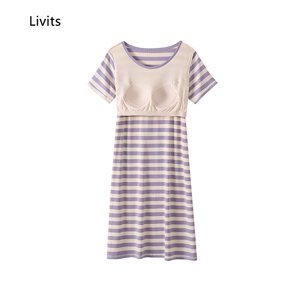 

Ribbed Striped Bra Dresses For Women Stretchable Midi Round Neck Short Sleeve Sexy Casual Korean SA1404