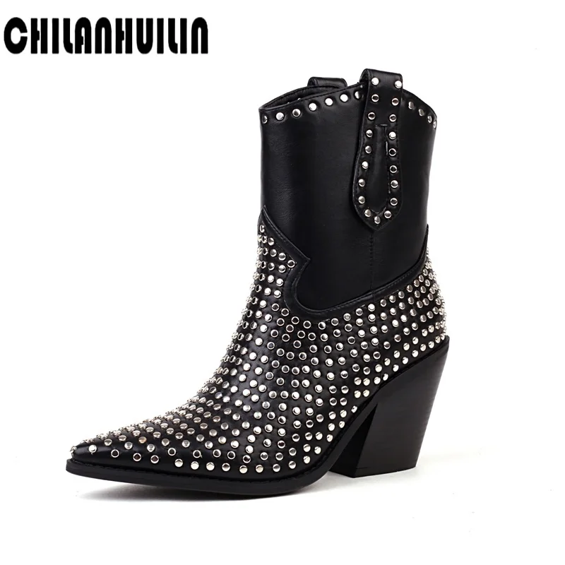 

autumn winter punk rivet boots women pointed toe pu leather booties studded thick high heels chelsea ankle boots botas de mujer