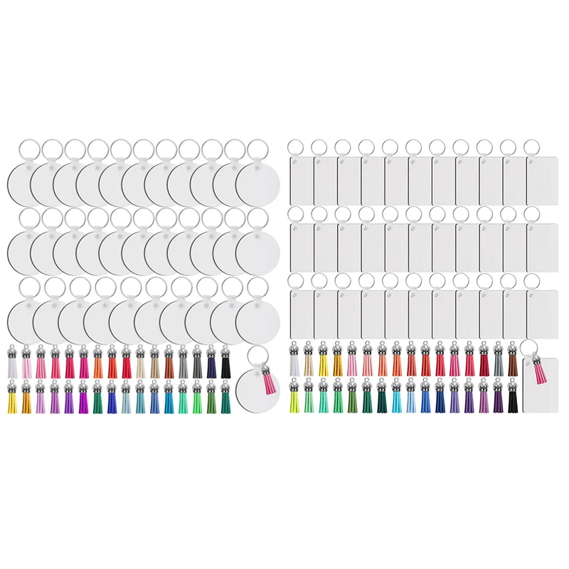 

128Pcs Sublimation Keychain Blanks Set Key Rings Sublimation Blanks Heat Transfer Keychain Tassels MDF Blank