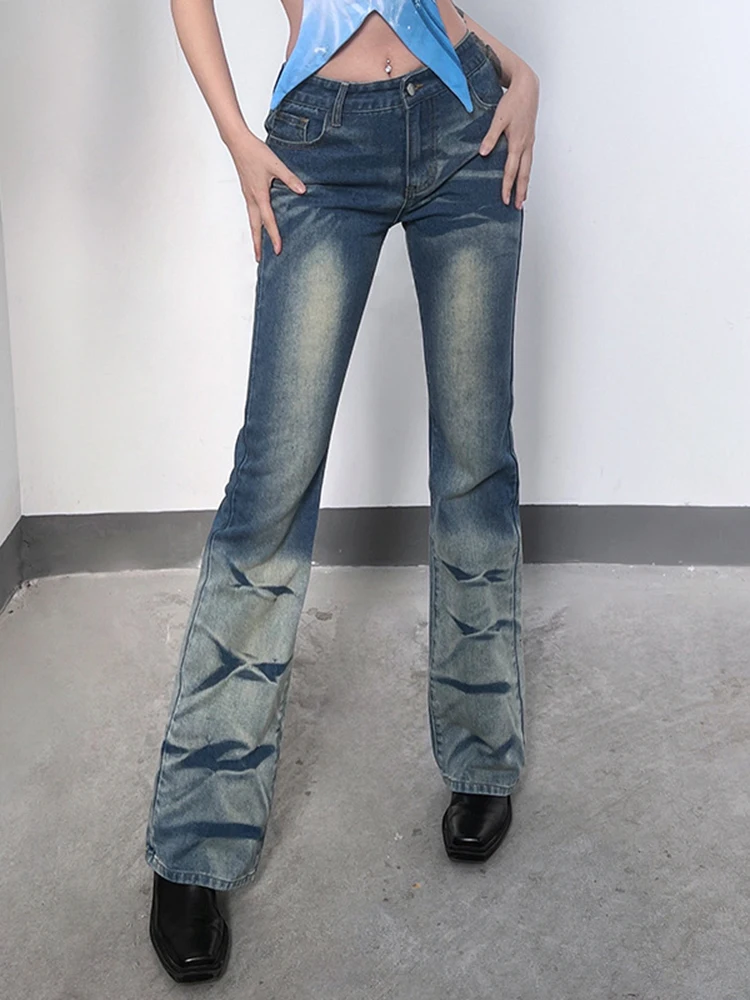 

Women Slim Flare Denim Pants Solid Vintage Button Zipper Full Length Casual Pants Ladies Harajuku Streetwear Jeans Female