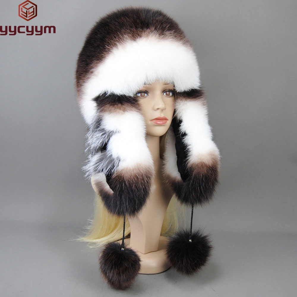 Hot Sale Lady Winter Warm Luxury 100% Natural Fox Fur Hat Fashion Fluffy Fox Fur Rex Rabbit Fur Caps Women Real Fur Bomber Hats