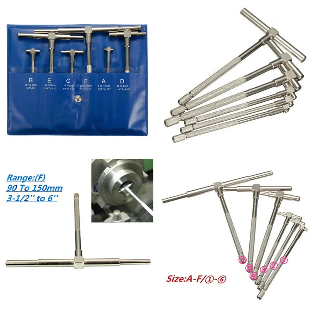

6pcs 8-150mm Accurate Tool Steel Durable Telescopic Gauge Adjustable Scale Portable Silver T-Bore Caliper Measurement Micrometer