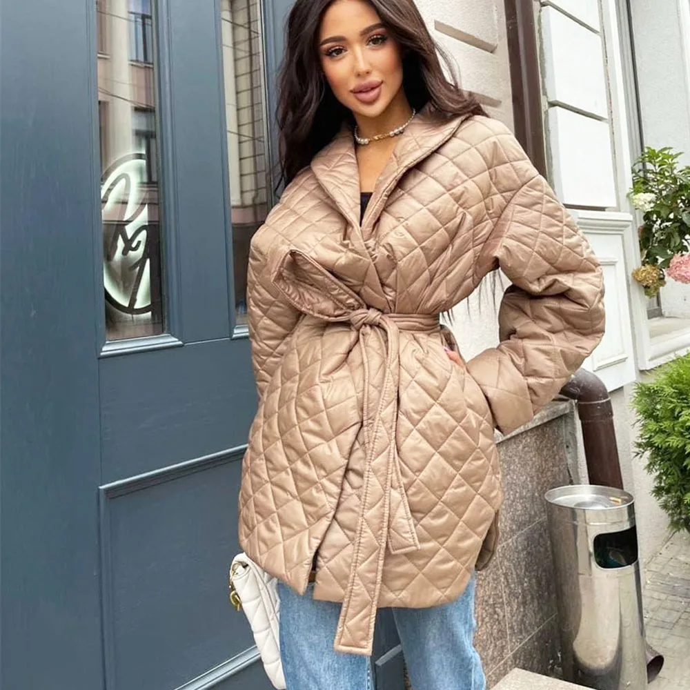 Winter Coat For Women 2022 Casual Warm Long Loose Thicken Parkas Female Solid Belted Plaid Slim Cotton Puffer Jackets Outwear