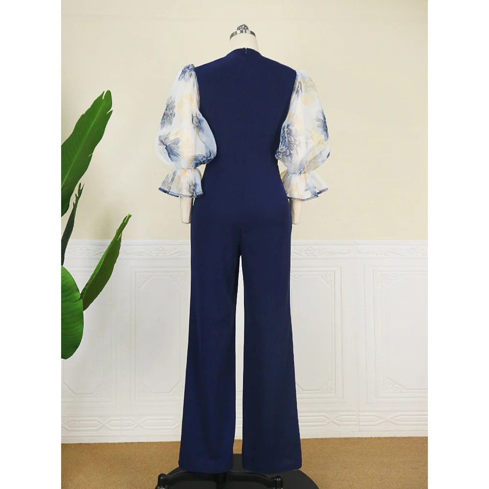 Stitching Medium Long Sleeved Bubble Sleeve Jumpsuit Women's Sense V-neck Trousers Casual Pants Women's Clothing Banquet Dress