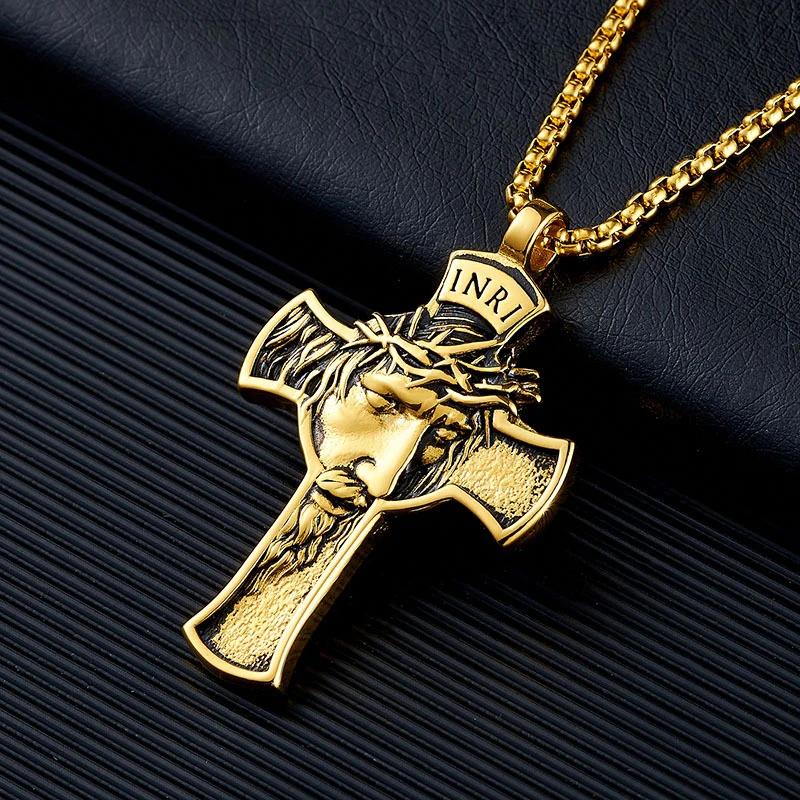 Vintage Catholic Cross Jesus Necklace Chain Men Fashion Biker Gold Stainless Steel Cross Pendant Necklace Amulet Jewelry Gift