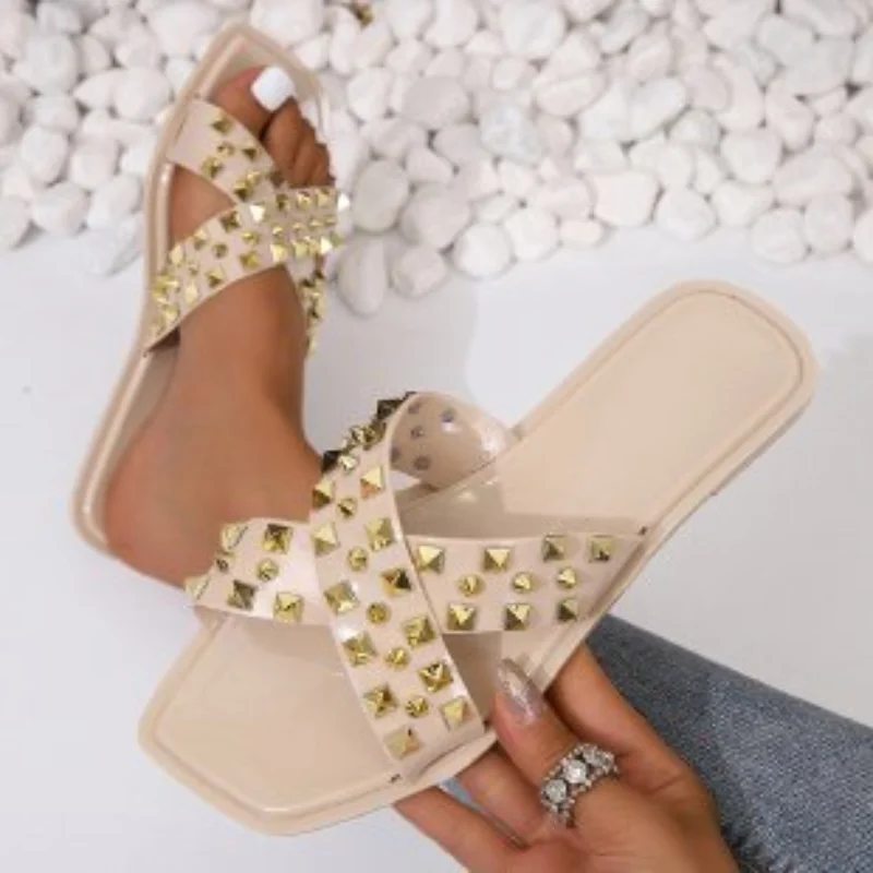 

Summer Women Slippers Cross Flip Flops Rivet Flats Sandals Outdoor Transparent Crystal Beach Shoes Female Open Toe Shoes