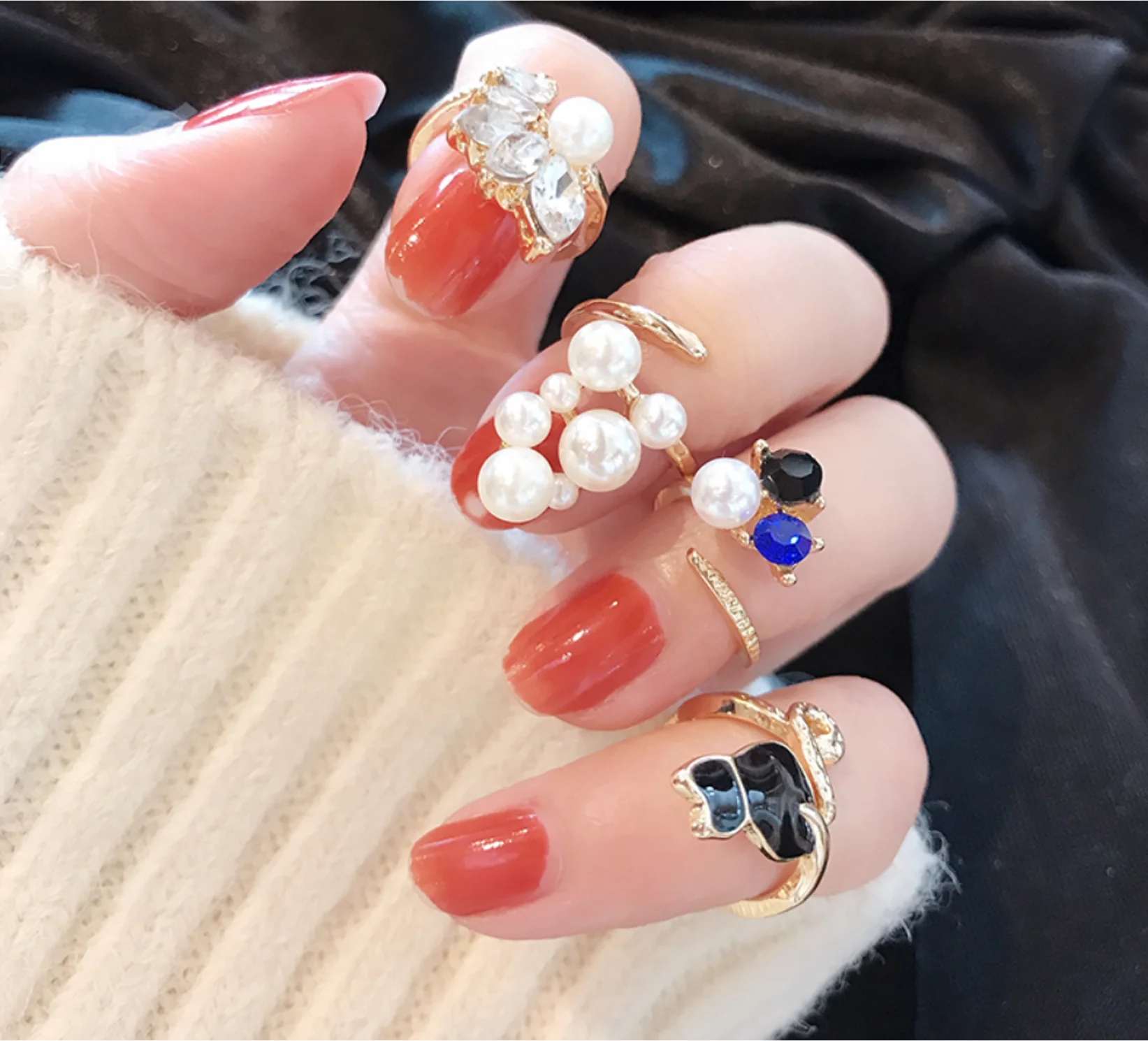

2023 trend Cat artificial Pearl Rhinestone open stranger things nail rings for women fashion jewelry