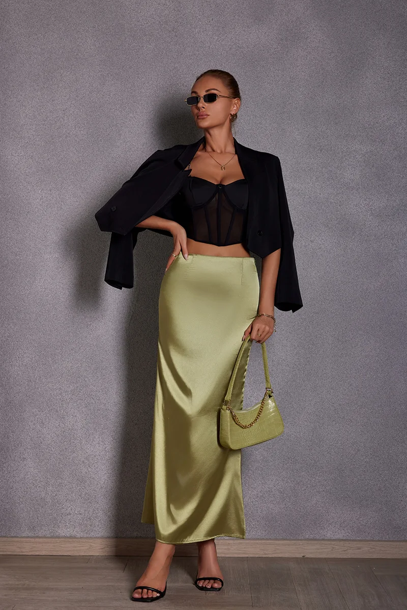 Шелковые атласные юбки для женщин 2024 Летние повседневные стильные однотонные