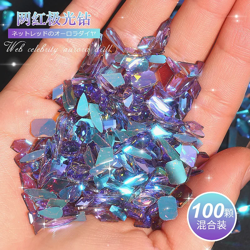 

100pcs Nail Shaped Drill Rhinestones Parts Crystal AB Clear All Color Flat Bottom Glass Decorations 3D Gem Manicure Design New#1