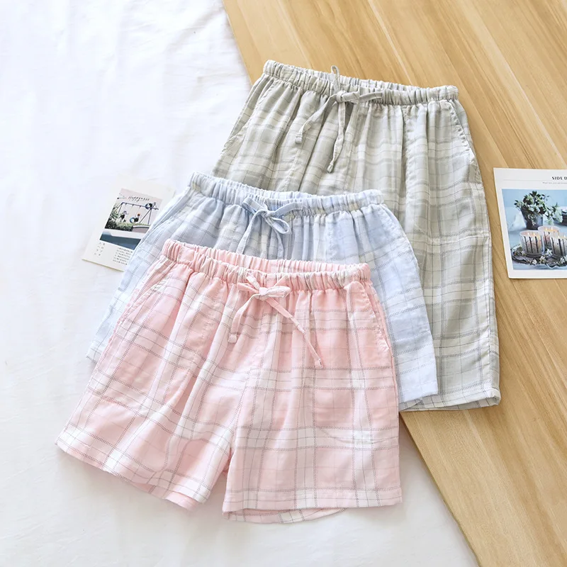 

Women Bottoms Cotton Couple Plaid Gauze Shorts 3 Colors Men's Ladies Home Casual Pajamas Outdoor Beach Simple Woman Pants 파자마 바지