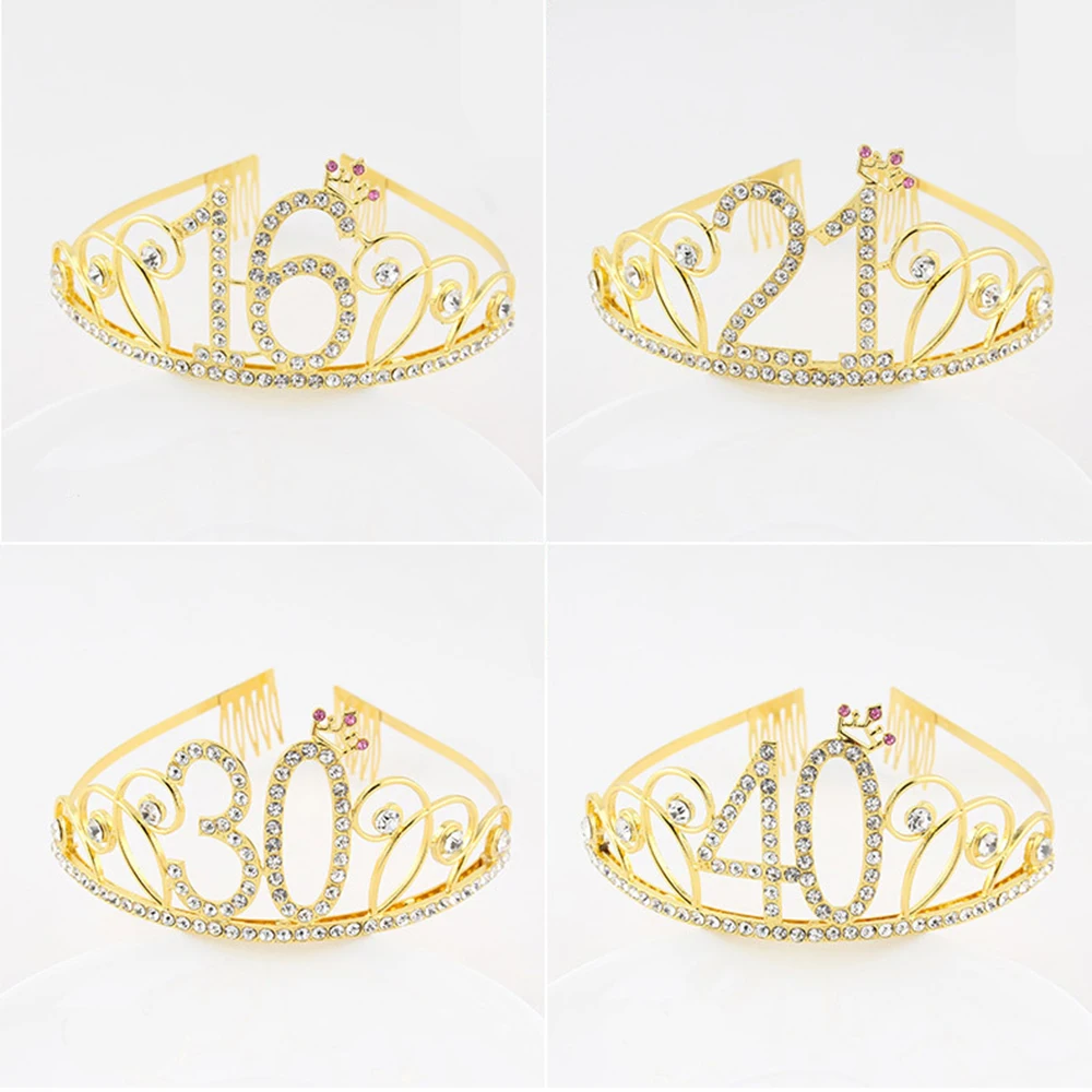 Princess Birthday Party Decoration 18 21 30 40 Rose Gold Crystal  Crown Tiara Bridal Hair Band Happy Birthday Anniversary Party