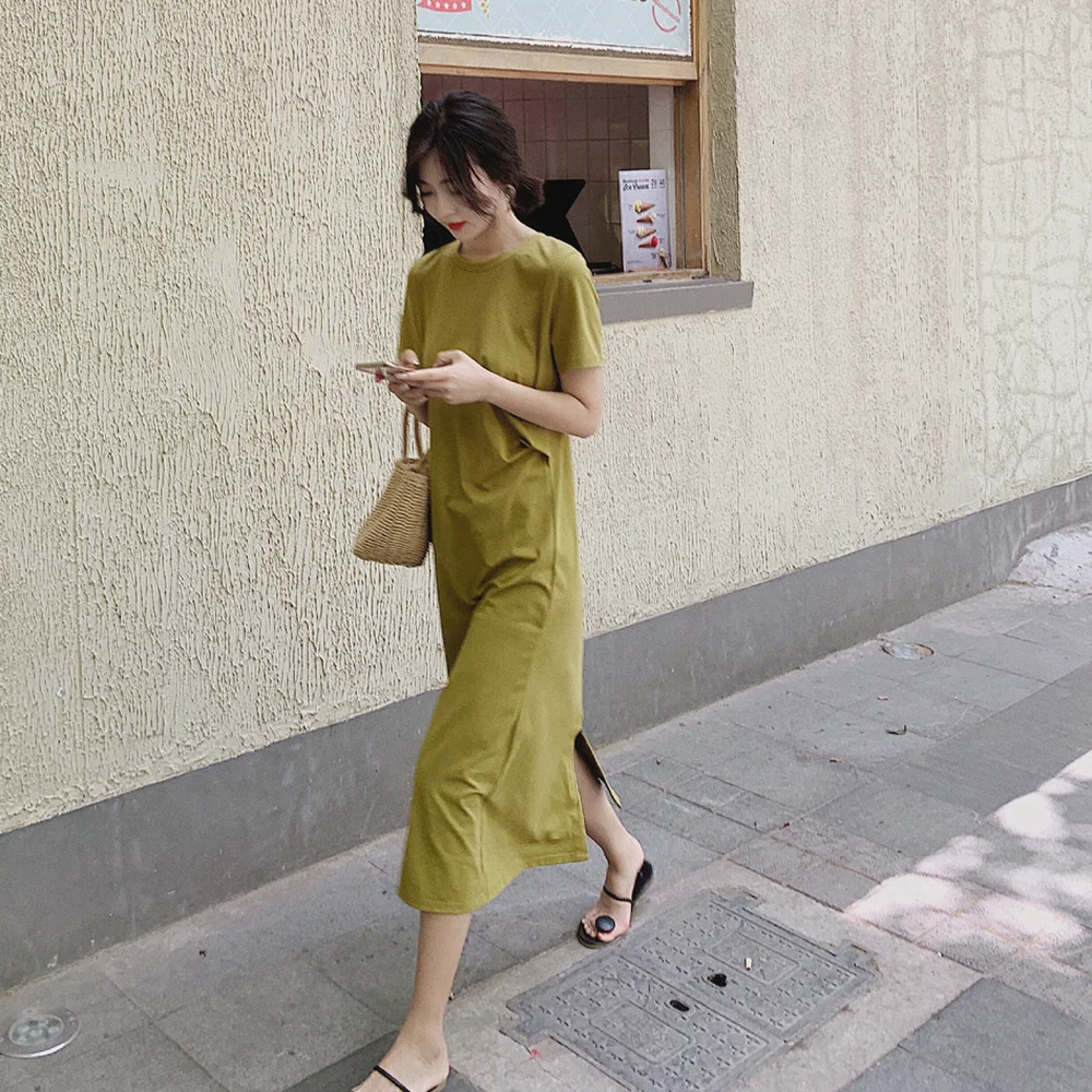 

HXJJP 2022 Vintage Summer Avocado Green Women's Knee Length Short Sleeve T-shirt Dress 95% Cotton + 5% Spandex