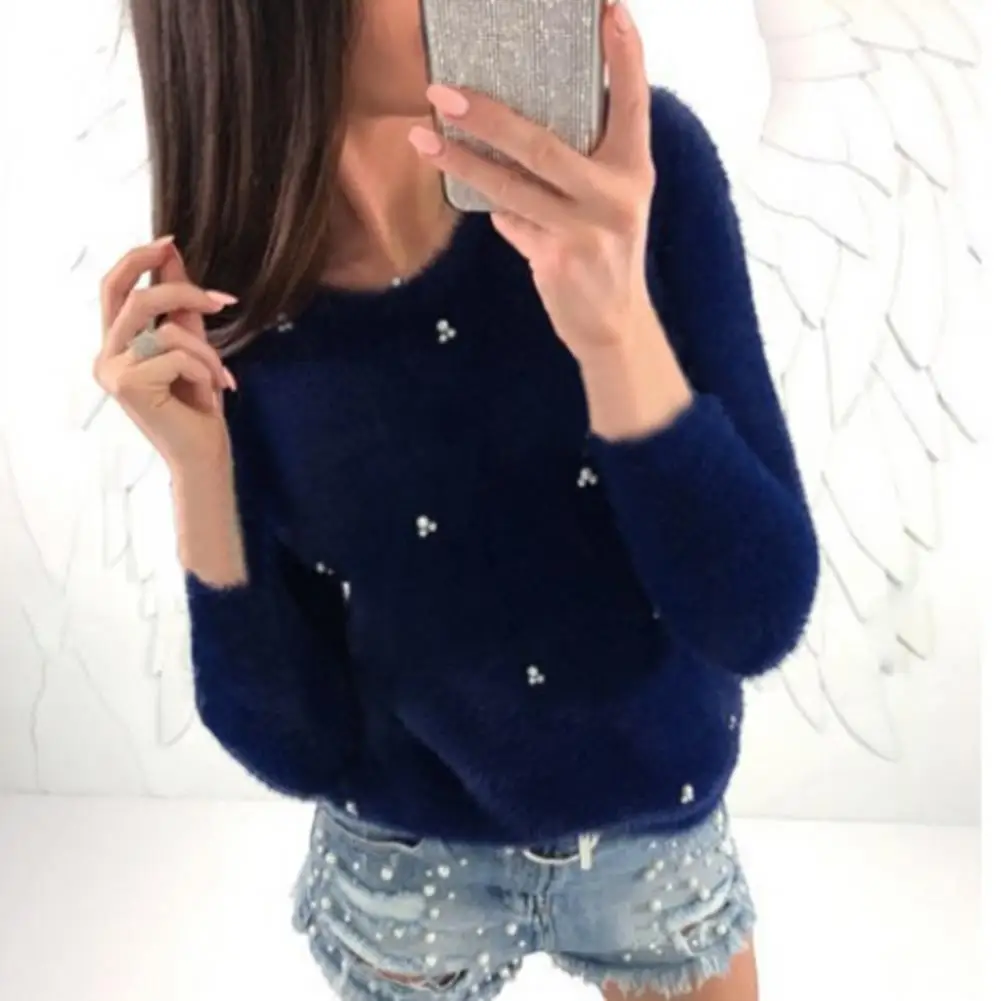 

Skin-Touch Chic Imitation Pearls Decor Fuzzy Knitted Pullover Sweater Elastic Knitted Sweater Solid Color Female Clothing