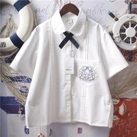 deeptown preppy style white blouses women kawaii jk bear embroidery short sleeve shirt korean casual female blusas summer tops