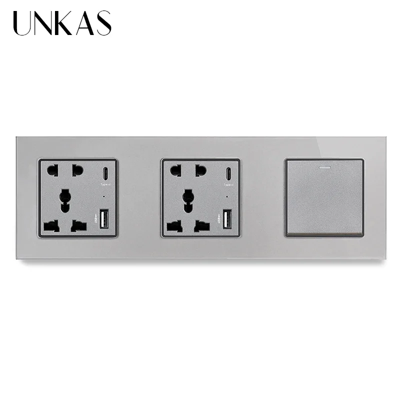 

UNKAS Тип C Настенный USB-порт 5 отверстий Универсальный стандарт 1 группа 1-контактный вкл/выкл кнопочный закаленная панель 16А розетка
