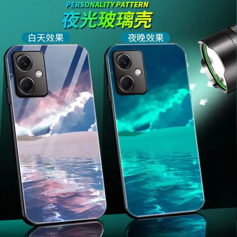 

Чехол для Xiaomi Redmi Note 12 Pro + светящийся чехол из закаленного стекла с темной задней крышкой для Redmi Note 12 Pro Plus чехол