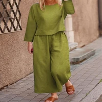 linen casual loose solid color two piece 2022 fashion womens spring new round neck nine cent wide leg trouser set