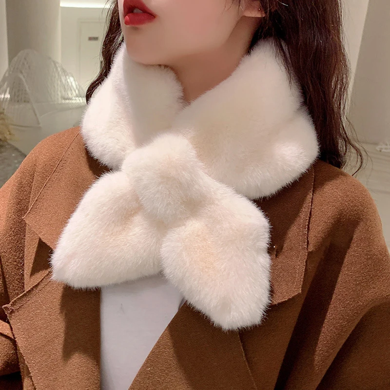 

Winter Soft Plush Cross Scarf For Women Girl Faux Fur Warmer Neck Collar Scarves Casual Solid Windproof Snood Scarf Neckerchief