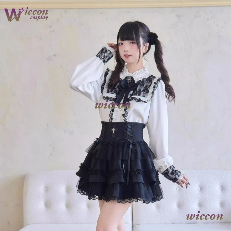 Фото CosR Блузка для девочек Топ Женская рубашка с длинным рукавом Jirai kei Outfit Lolita Kawii Bow Черные юбки Рубашка Y2K Sweet Japanese Lady Style №4