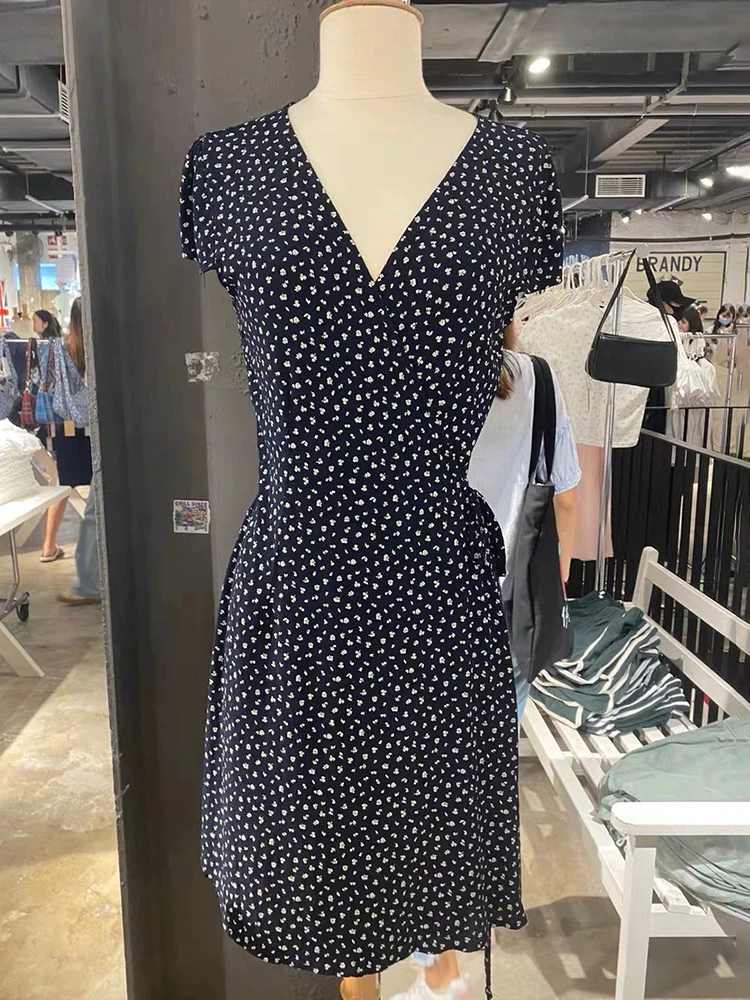 

Vintage Floral Print V Neck Dress Chiffon Ruffles Short Sleeve Summer A-line Wrap Dresses Women Casual Retro Sweet Mini Vestidos