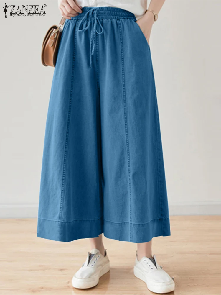 Брюки ZANZEA женские джинсовые с эластичным поясом винтажные штаны из денима