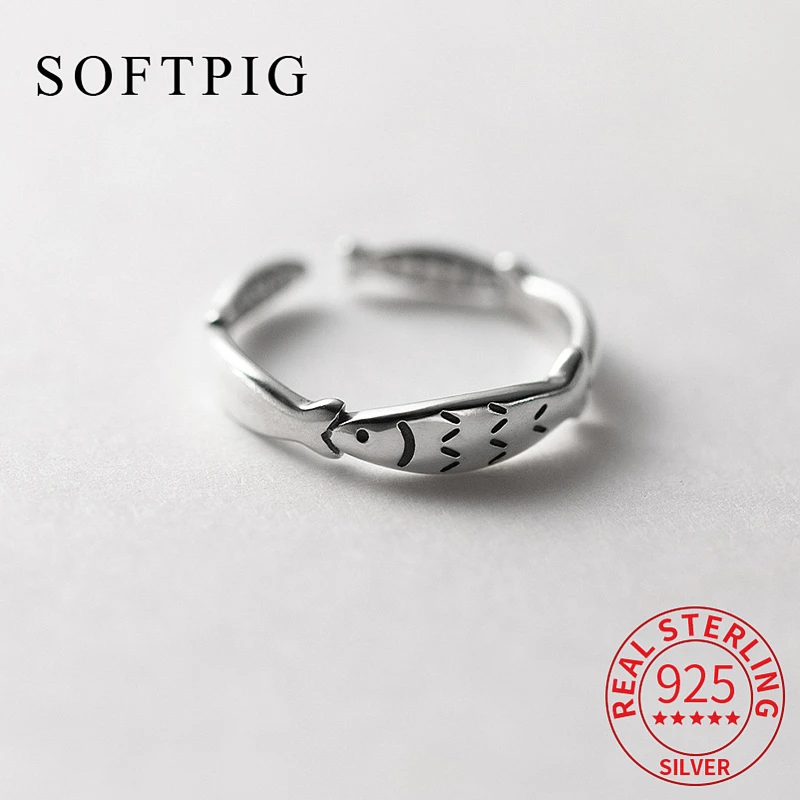 

SOFTPIG Real 925 Sterling Silver Fish Adjustable Ring For Fashion Women Party Cute Animal Fine Jewelry Minimalist Bijoux