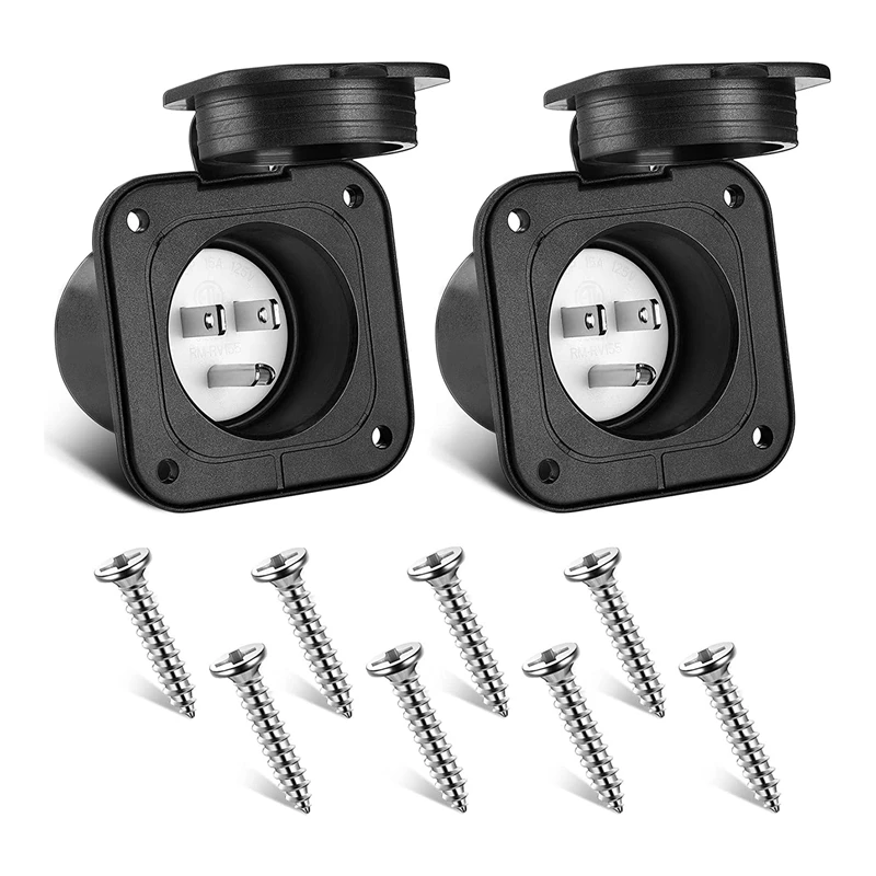 

2 Pack 15 Amp Flanged Inlet 125V NEMA 5-15 RV Shore Power Inlet Plug Receptacle For Boat RV , 2 Pole 3 Wire US Plug
