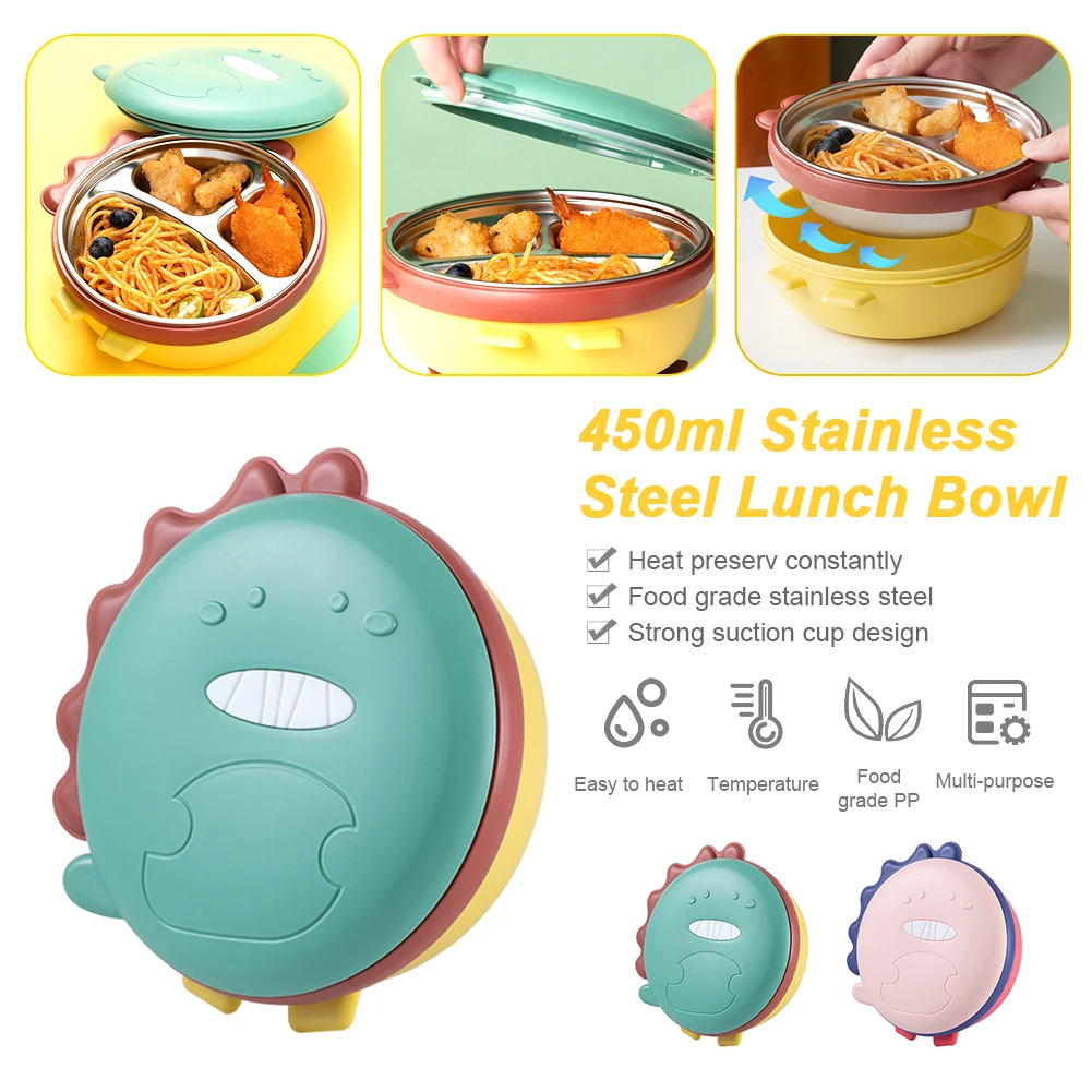 

450ml Stainless Steel Lunch Box Baby Feeding Heated Bowl Stainless Steel Lining for Kids Dinosaur Divided Plate with Lid Toddler