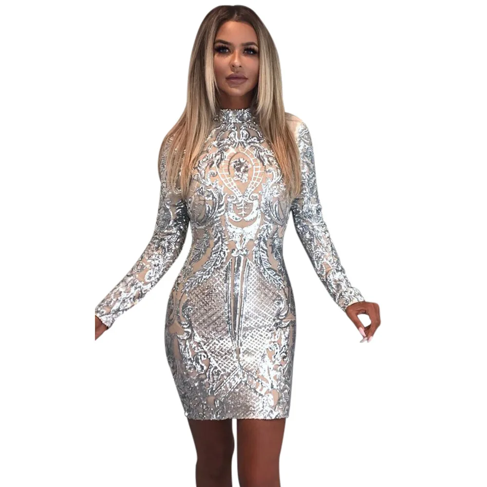 

2022 spring new women's clothing new hot stamping sexy self-cultivation sequined long-sleeved nightclub dress