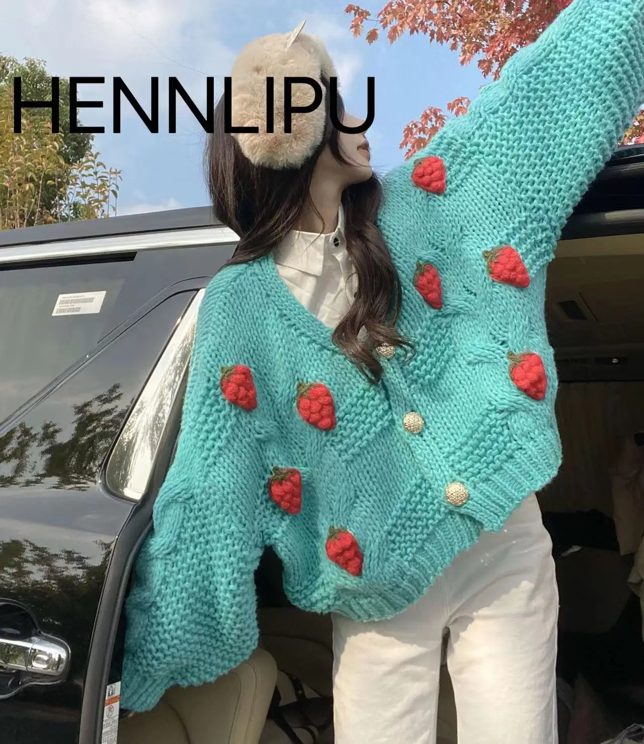 

Женский свитер HENNLIPU, пальто, модный кардиган клубничного цвета, Топ